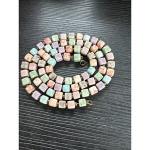 Vintage Pastel Mottled Square Glass Beaded Necklace 31 " Jewelry